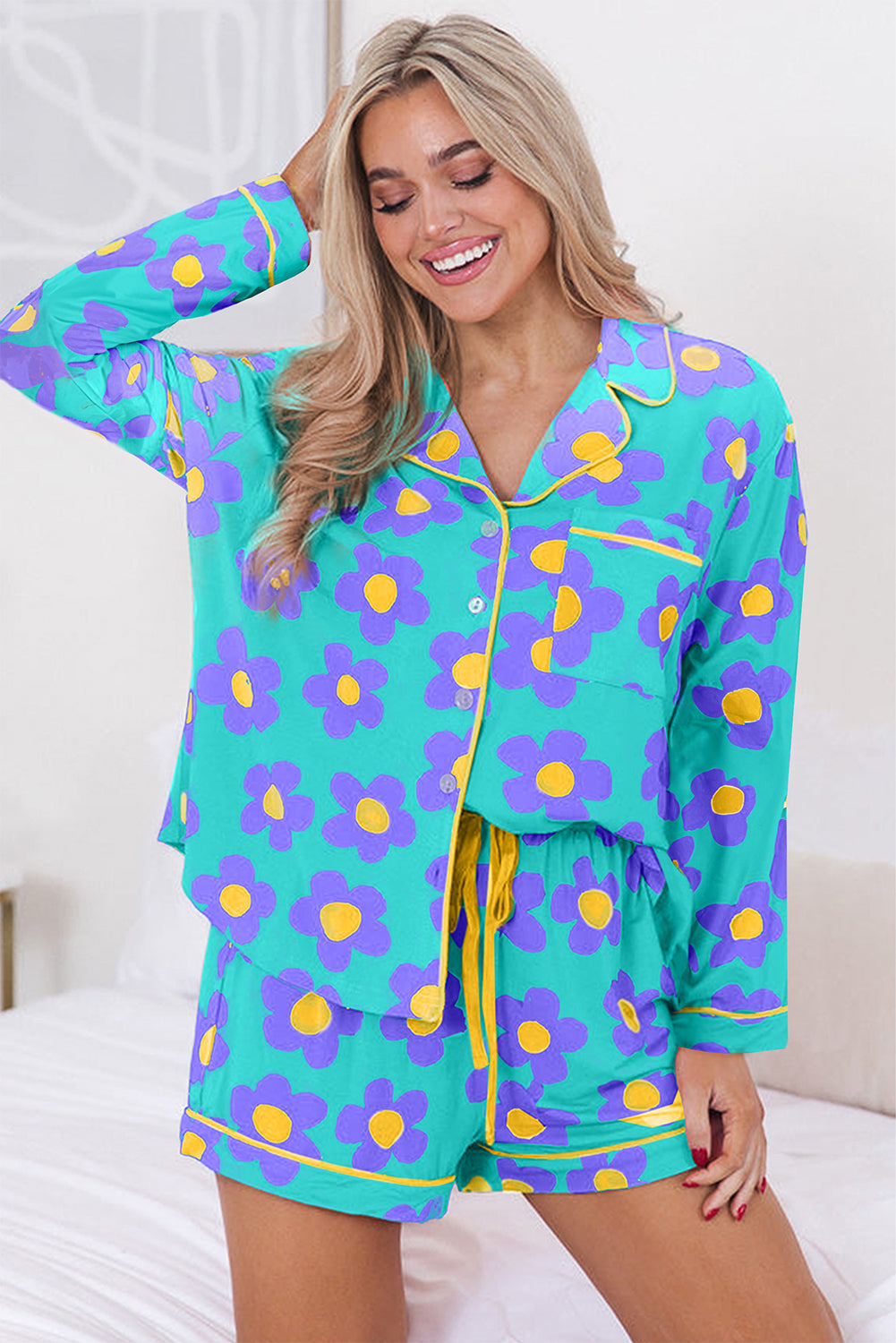 Flower Print Long Sleeve Shirt Shorts Pajamas Set - Sunny Angela, image size:1001x1500