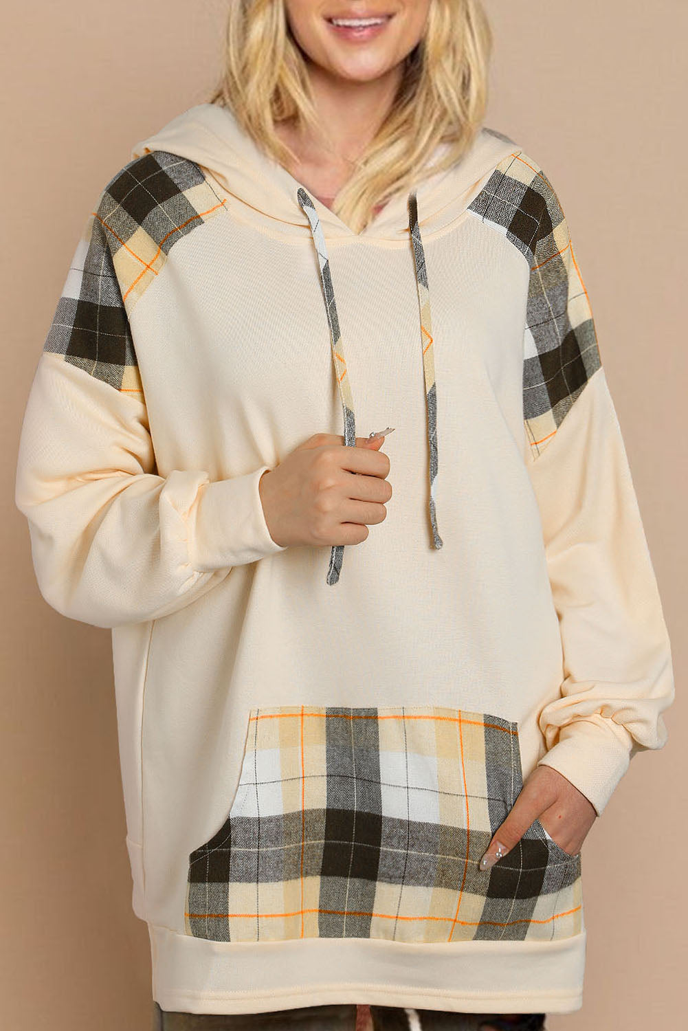 Yellow Waffle Knit Plaid Patchwork Pocketed Henley Hoodie - Sunny Angela