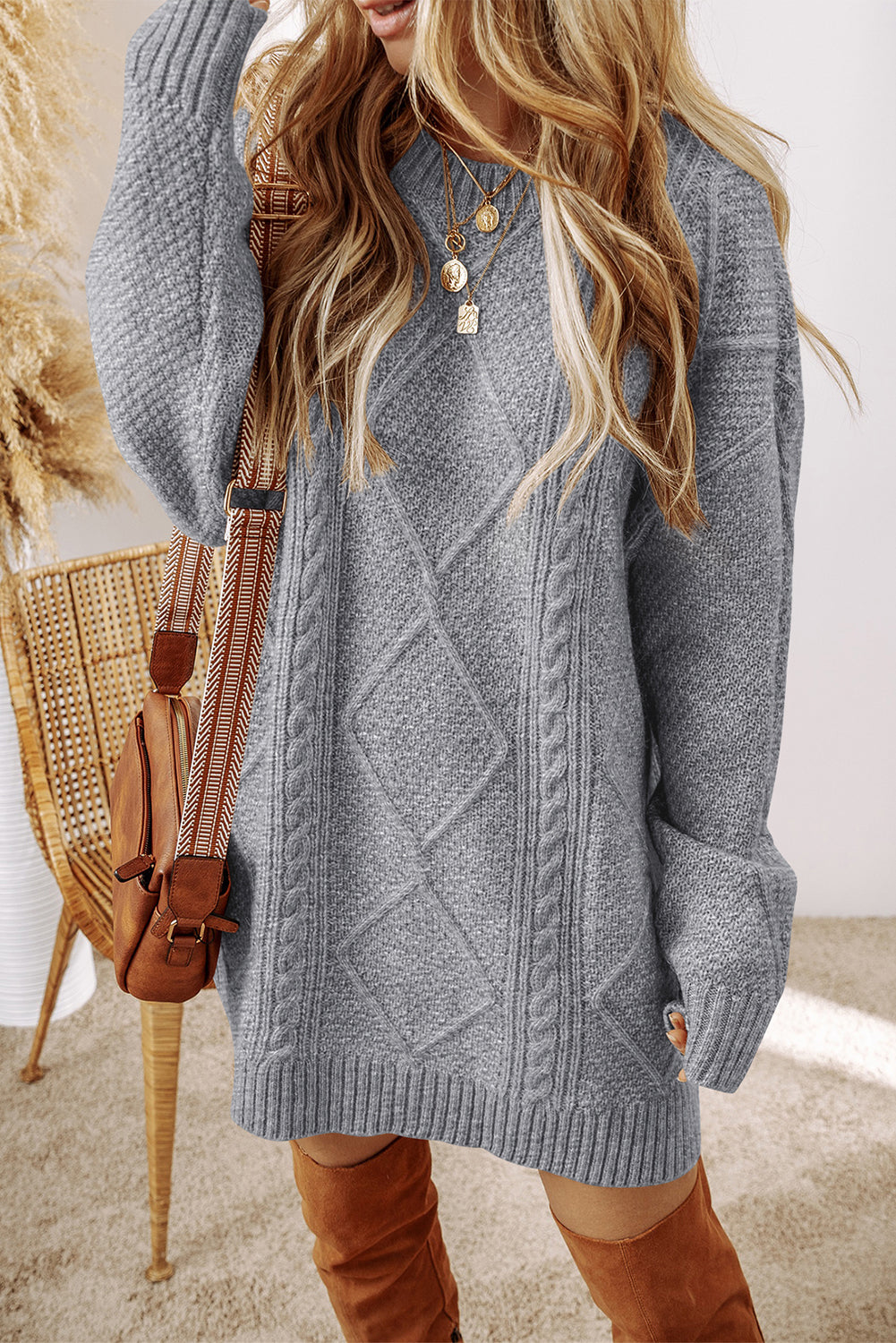 cable knit crew neck long sleeve maxi sweater dress Cable Knit Crew Neck Long Sleeve Maxi Sweater Dress