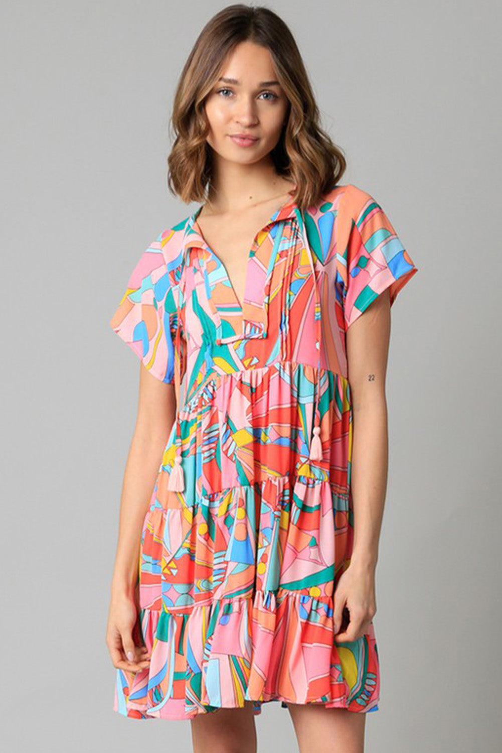 Multi-Coloured Printed Flared Dress With Belt