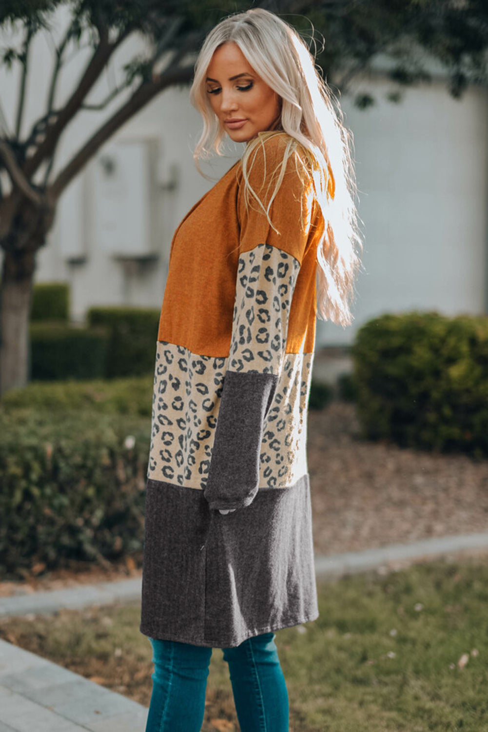 Orange Colorblock Leopard Print Patchwork Knit Cardigan - Sunny Angela