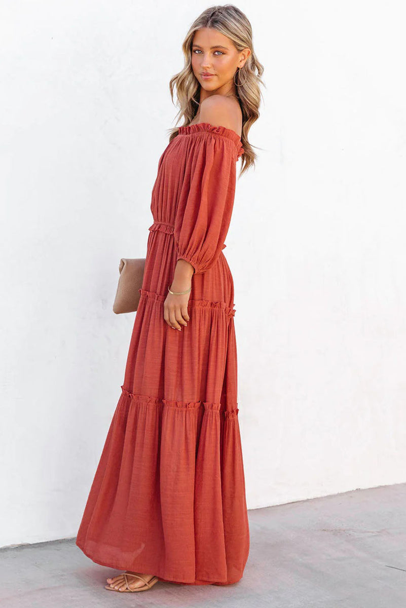 Orange Off Shoulder Balloon Sleeve Cutout Ruffled Maxi Dress - Sunny Angela