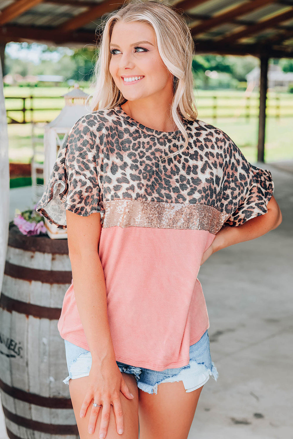Pink Leopard Sequin Colorblock Patchwork Short Sleeve Top - Sunny