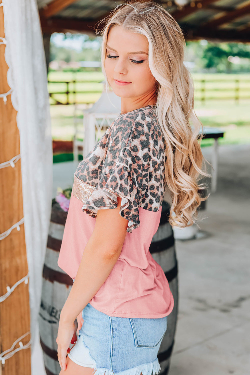 Pink Leopard Sequin Colorblock Patchwork Short Sleeve Top - Sunny