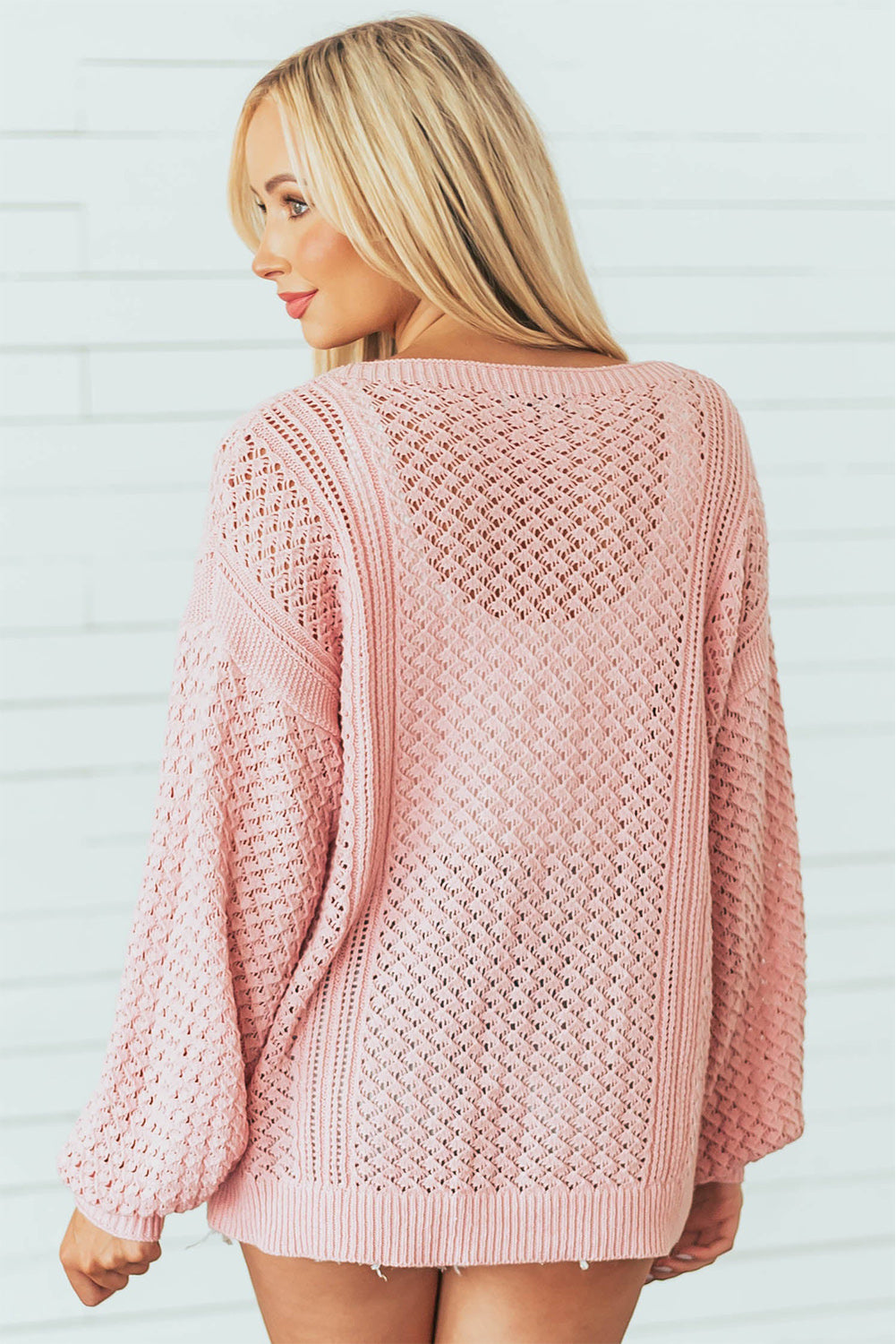 Pink Loose Pointelle Knit Ribbed V Neck Sweater - Sunny Angela