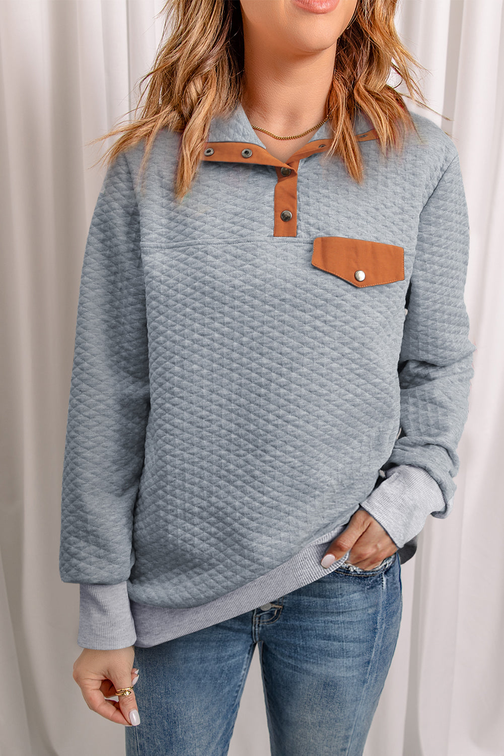 Quilted Snaps Stand Neck Pullover Sweatshirt With Fake Front Pocket