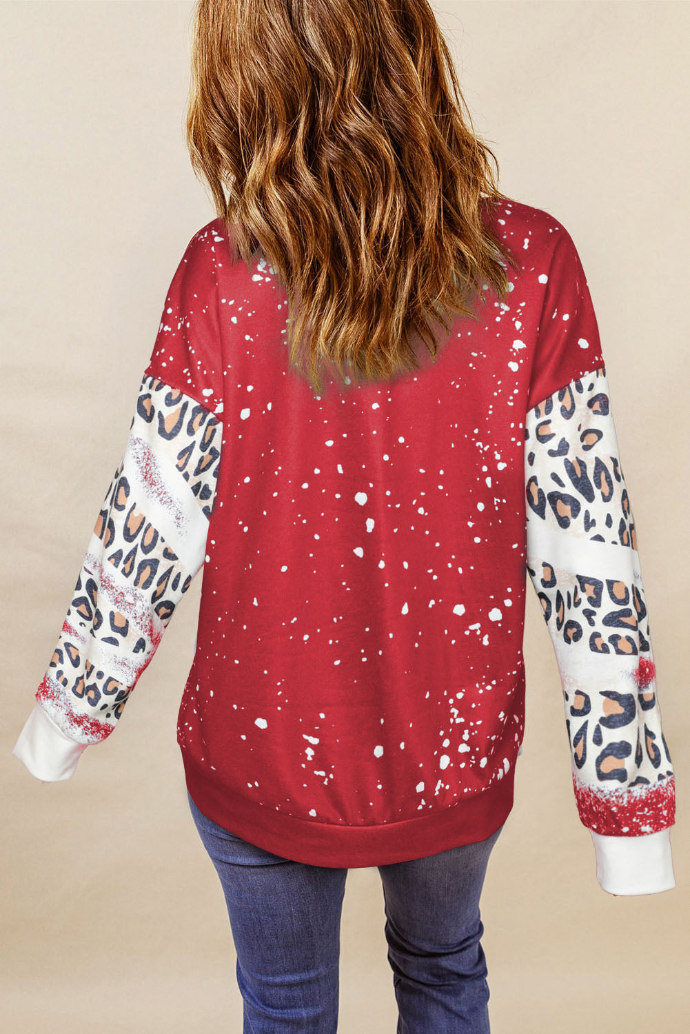 Red Christmas Tree Leopard Bleached Print Pullover Sweatshirt