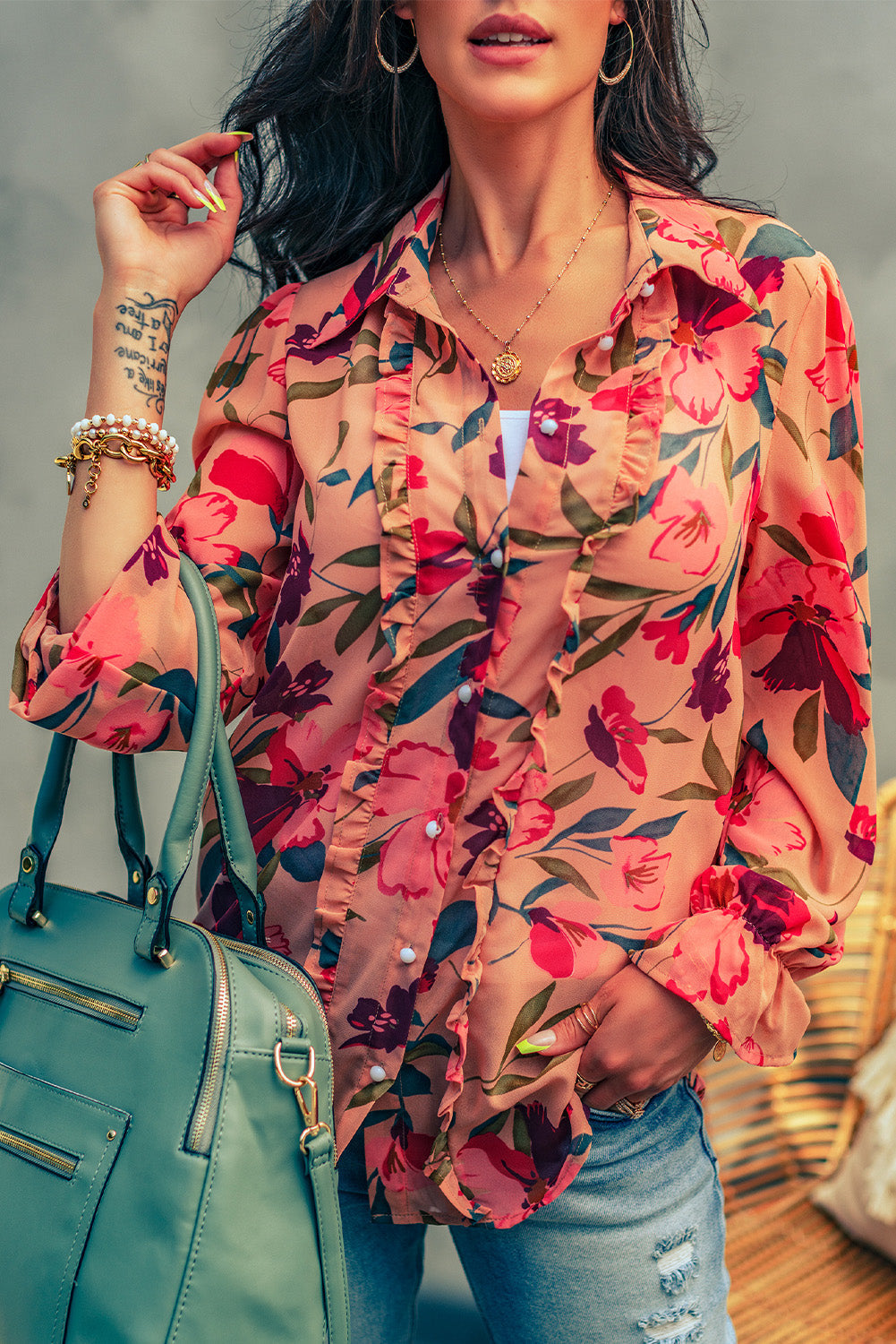 Red Plus Size Floral Embroidered Ruffled Short Sleeve Top