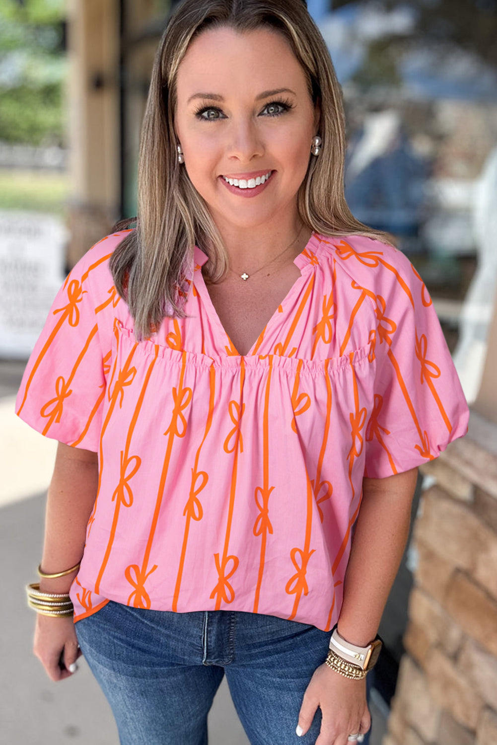 Rose Bowknot Print Shirred V Neck Puff Sleeve Plus Size Blouse - Sunny Angela Rose / 4X, image size:1001x1500