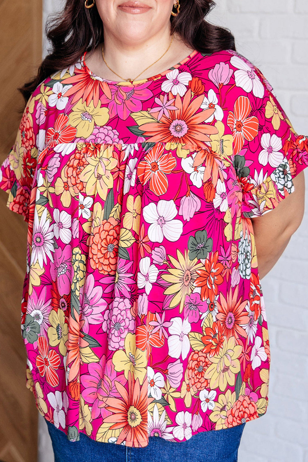 Rose Plus Size Floral Print Ruffle Short Sleeve Blouse, image size:1001x1500