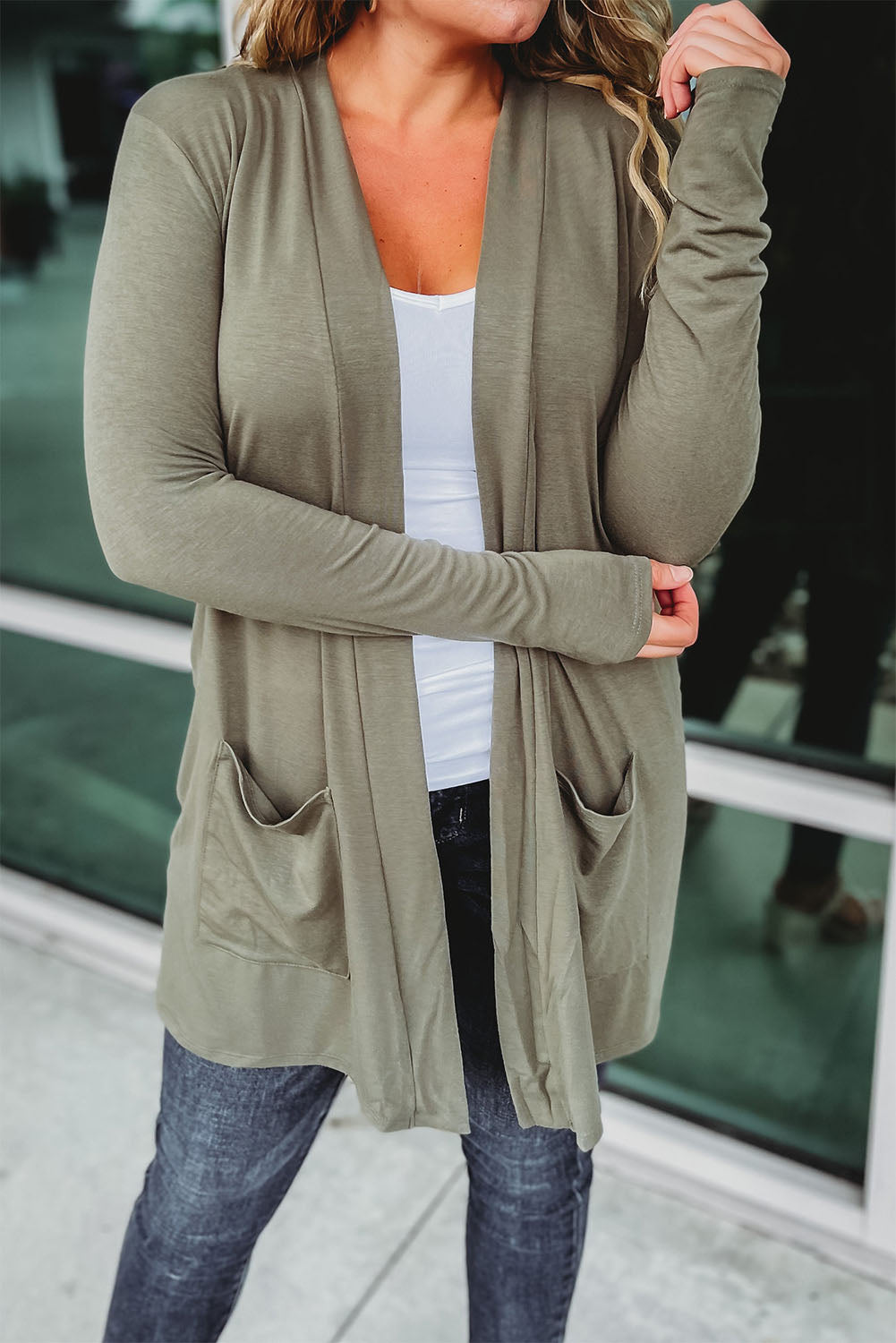 Sage Green Solid Color Slouchy Pockets Tunic Cardigan - Sunny Angela