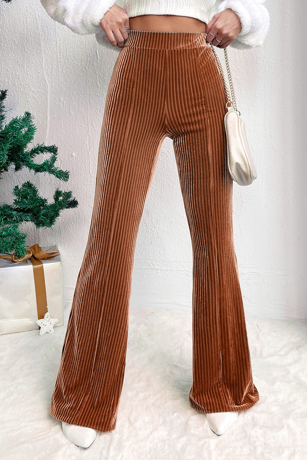 Solid Color High Waist Flare Corduroy Pants