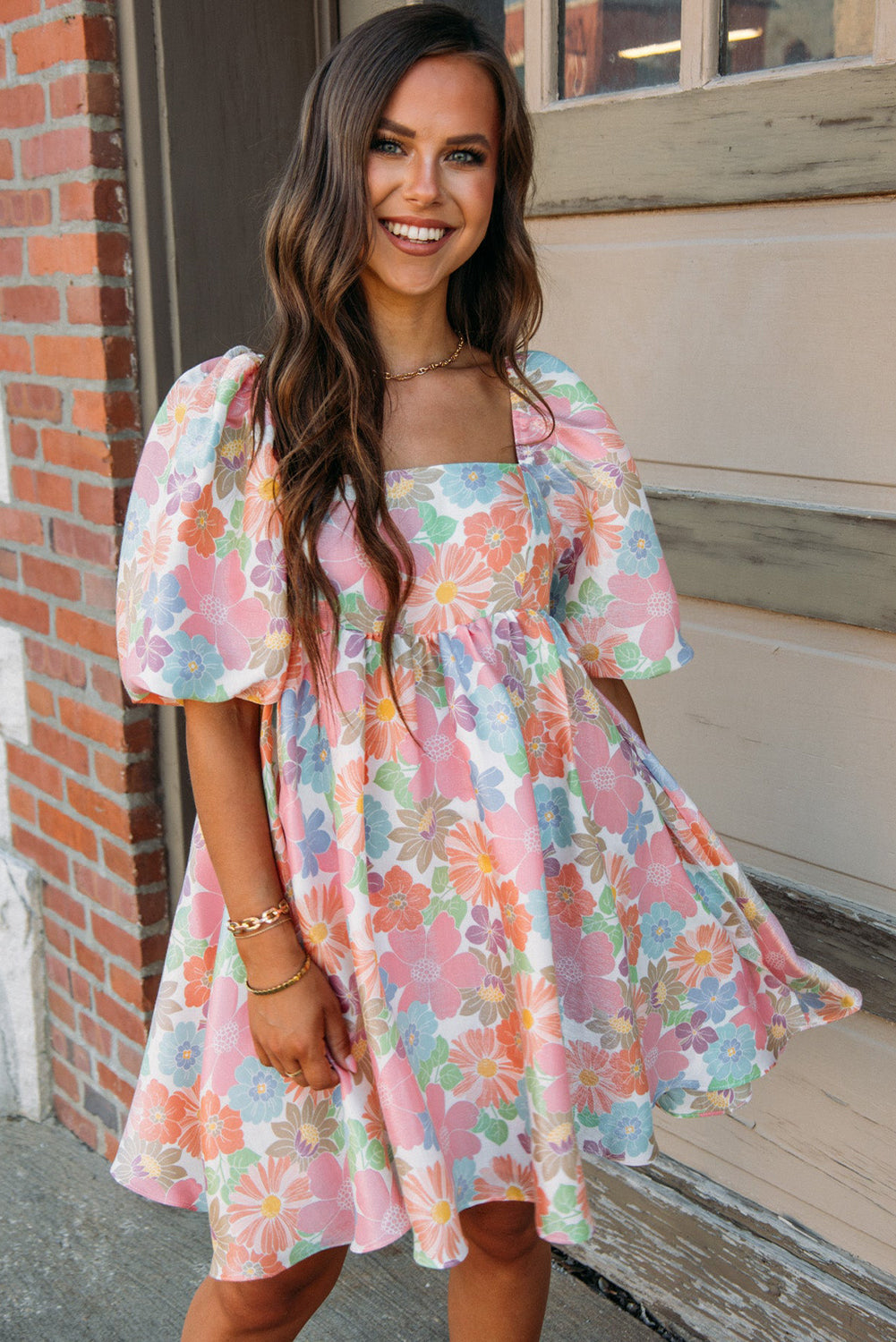 Summer Floral Square Neck Puff Sleeve Babydoll Dress - Sunny Angela