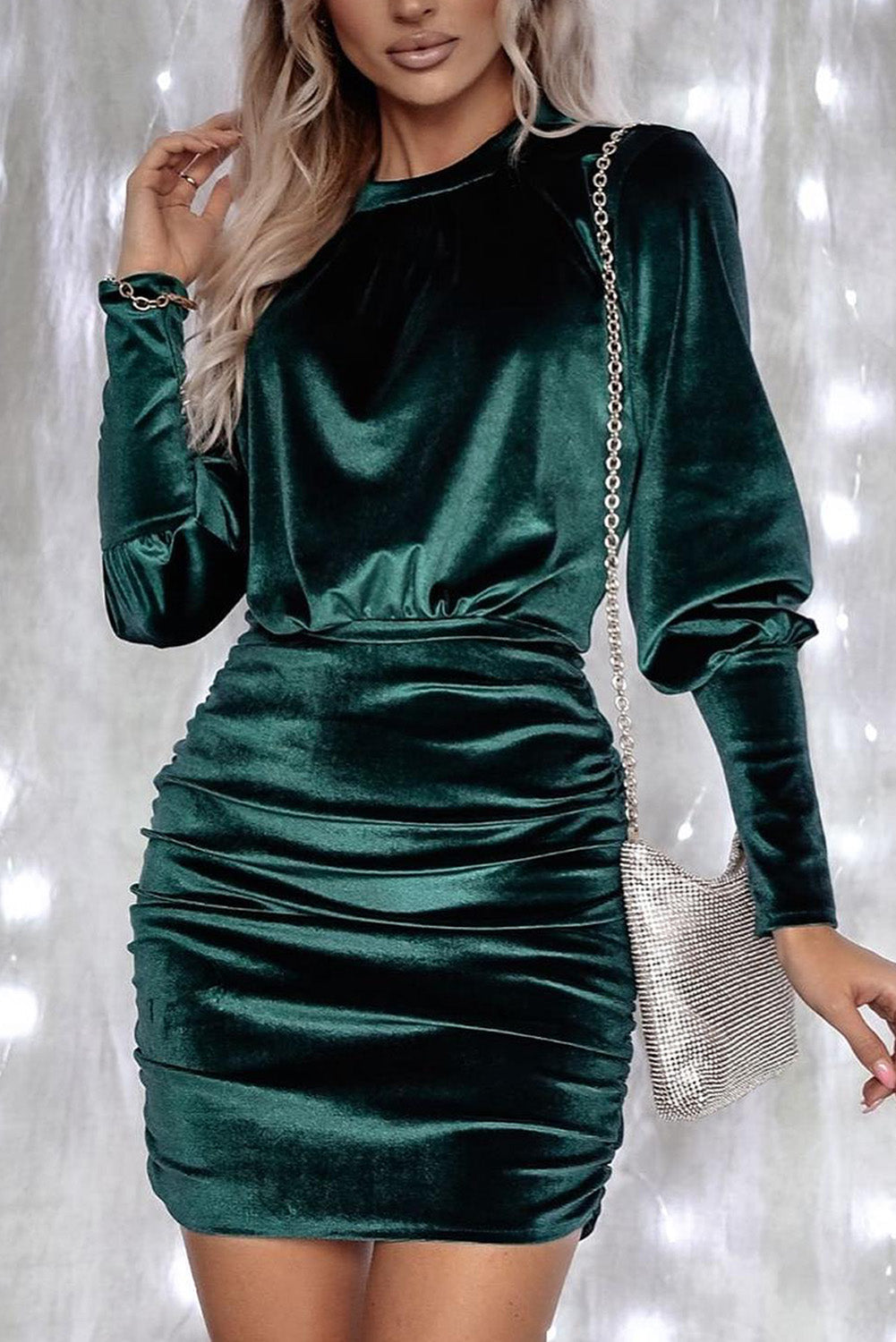 Velvet Puff Sleeve Ruched Bodycon Dress - Sunny Angela