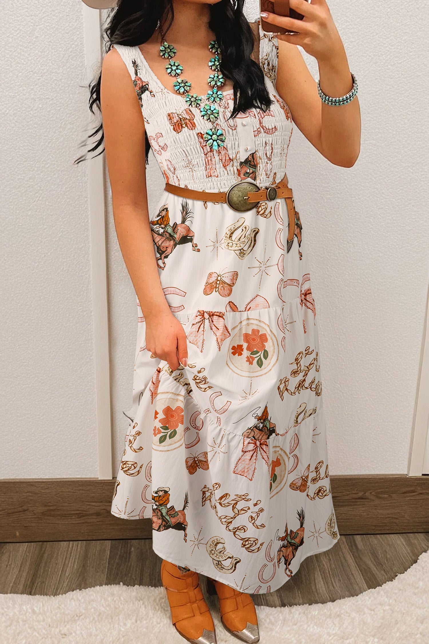Sunny Angela Women's Western Horseshoe Print Smocked Sleeveless A-Line Midi Dress