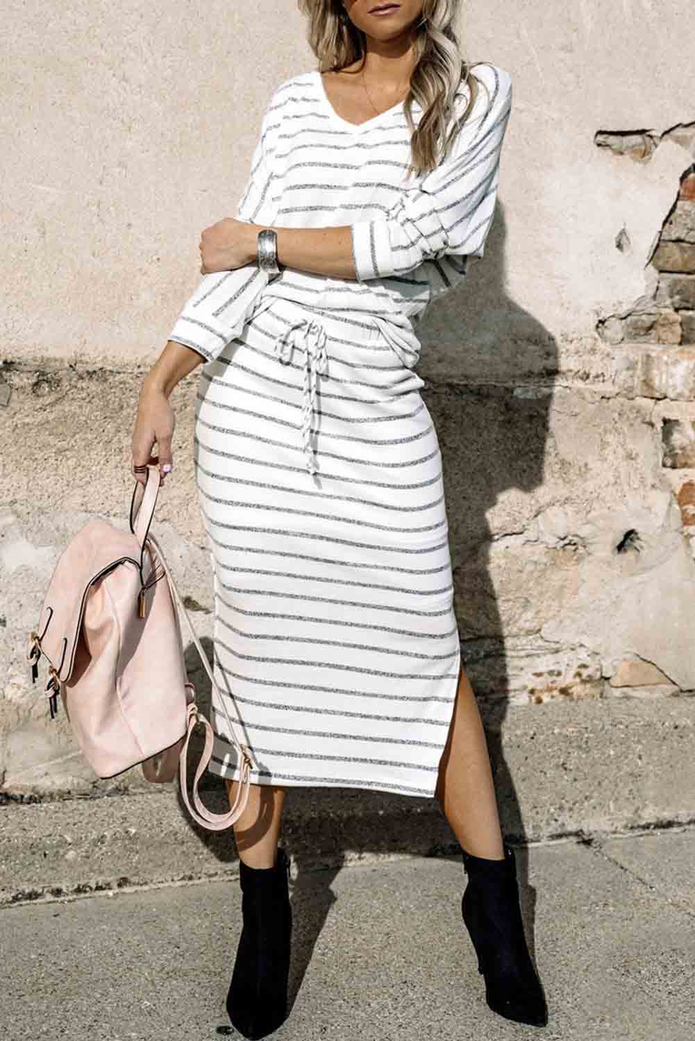 White Contrast Lace Trim Striped Knit Slip Dress