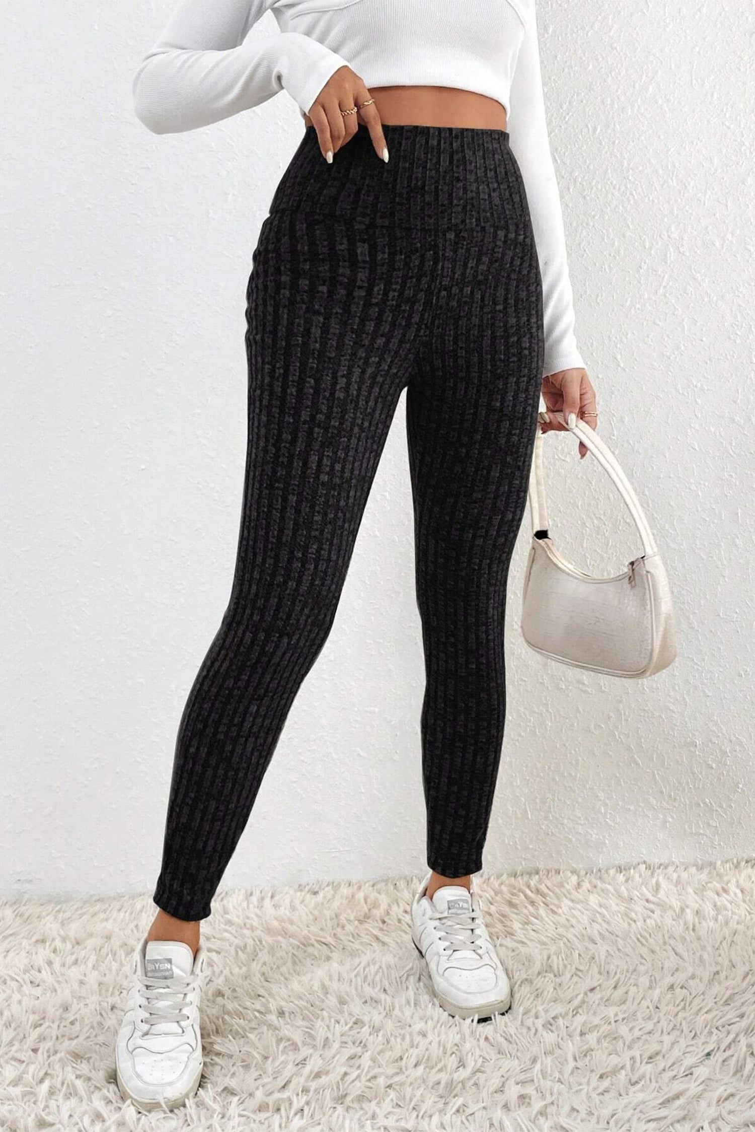 【ANGLAN】Ribbed Damage Knit Wide Waistband Ribbed Textured Knit Leggings - Sunny Angela