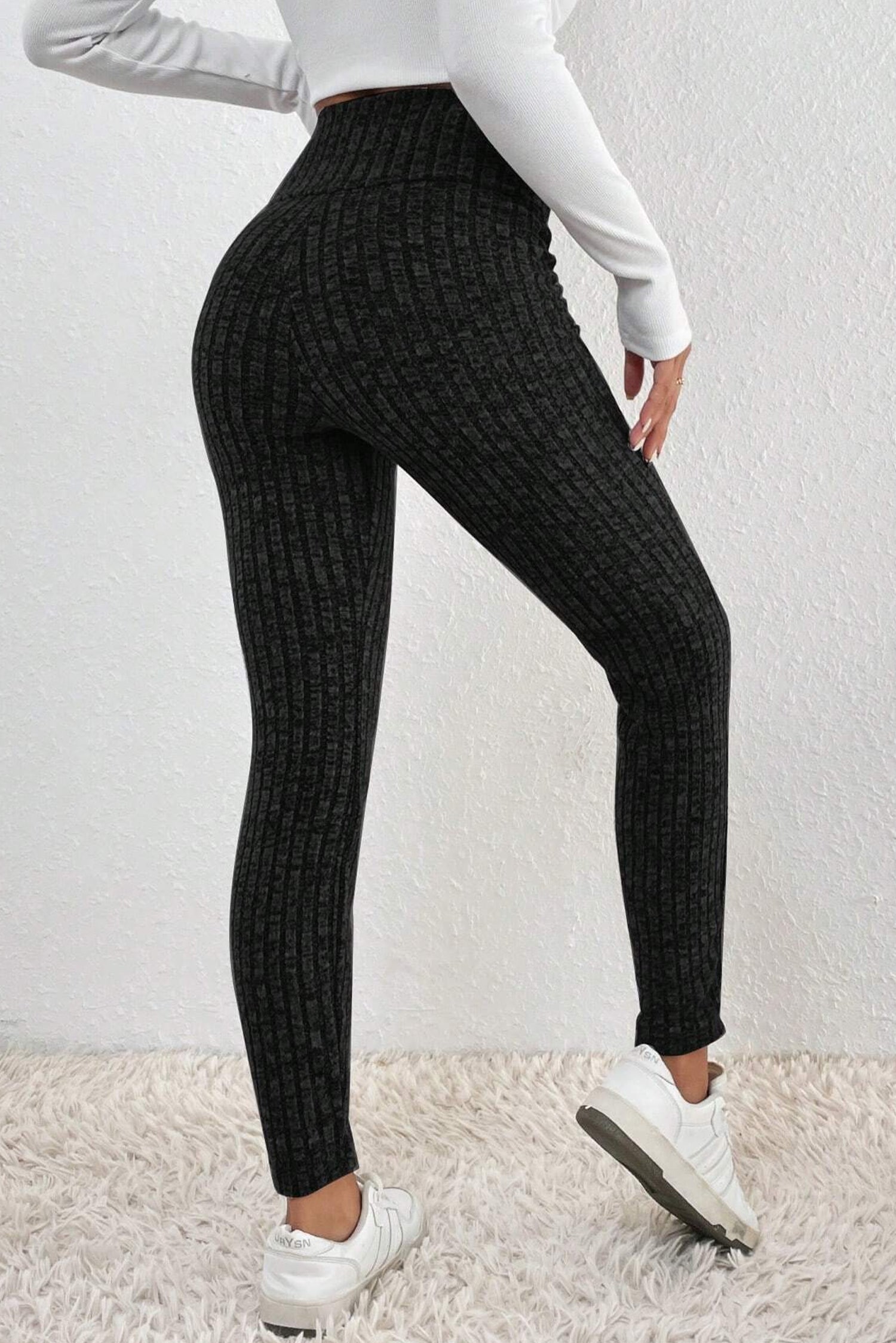 Wide Waistband Ribbed Textured Knit Leggings - Sunny Angela